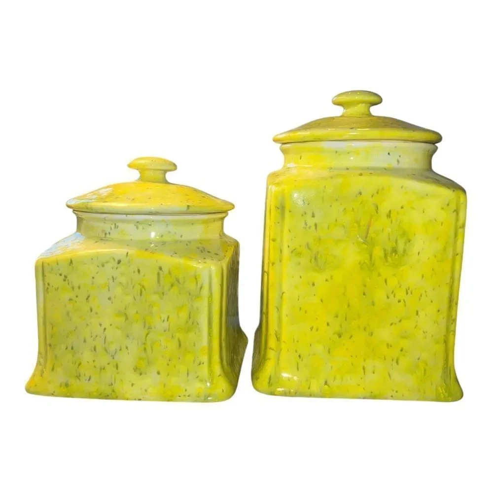 Handmade Yellow & Green Splatter Ceramic Canister Set of 2 w/ Lids EUC
